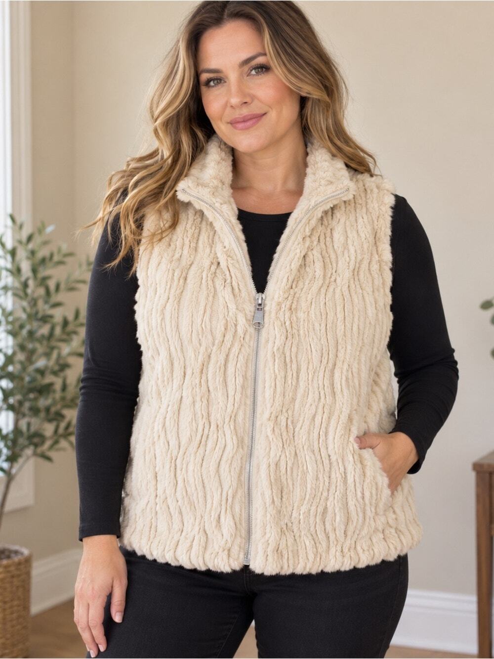 Robert Kitchen Faux Fur Zip-Up Vest Cream Women’s XL 14/16